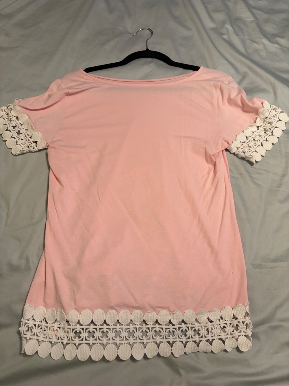 Lilly Pulitzer Women's Pink Short Sleeve Top with White Lace Trim M